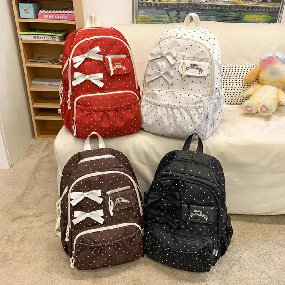 New Polka dot Bow Girls Backpack Nylon Anti-theft Student Schoolbag Multi-compartment Large-capacity Travel Computer Backpack