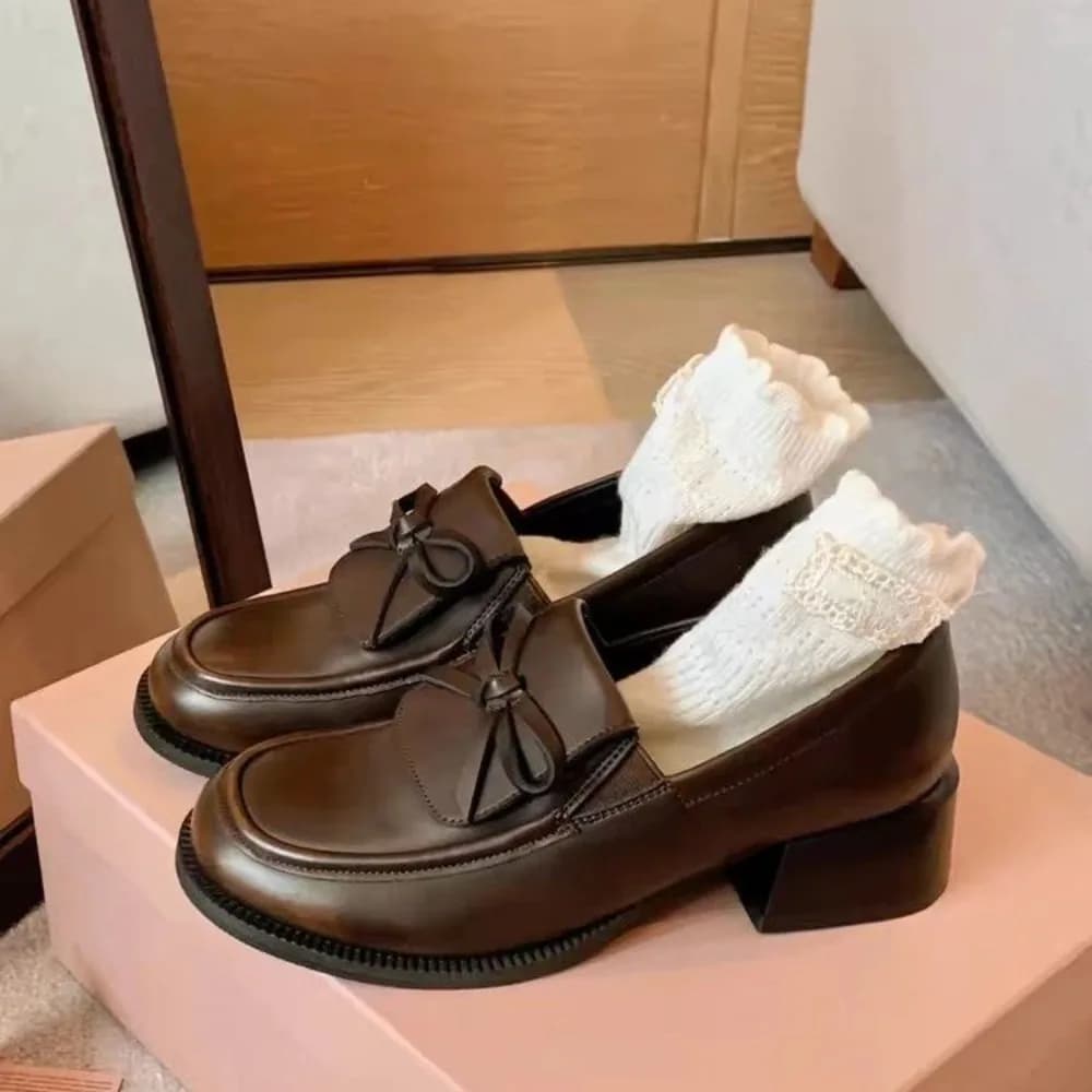 Height-increasing 5cm flip-top bow lazy chunky heel thick-soled loafers, versatile small leather shoes for petite women