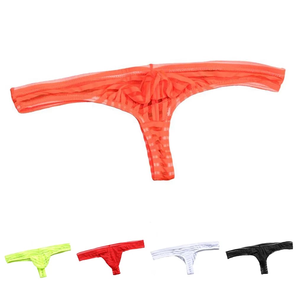 Low Waist Elastic Briefs Men G-String Thong Underwear Striped Sheer Mesh Breathable Cooling U Convex Pouch T-panties