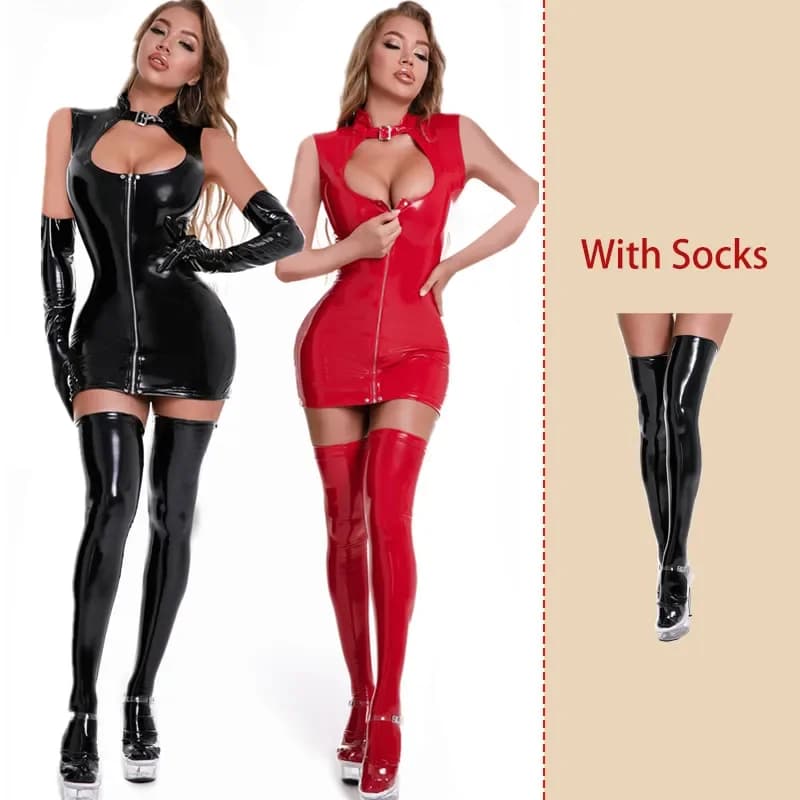 Abito da donna sexy in pelle con calze guanti Porno seno femminile che espone mini micro abito erotico in lattice effetto bagnato