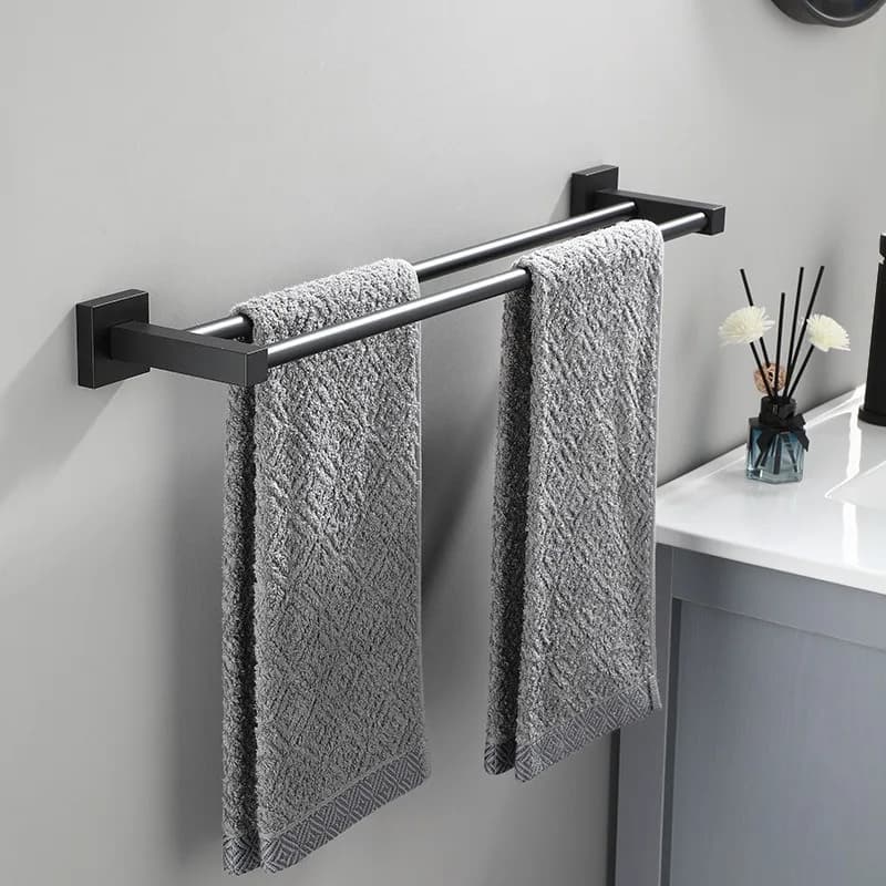 Matte Black Aluminium Bathroom Double Towel Shelf Rack Holder Bath Towel Hanger Bar Square DesignTowel Rail Bathroom Accessories