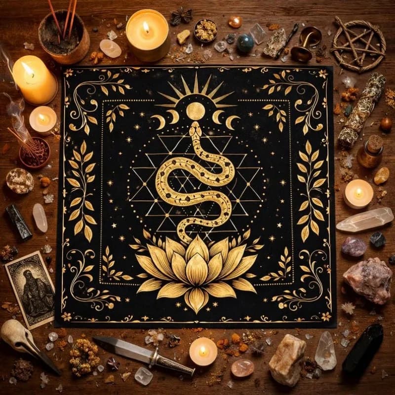 Telo da tarocchi nero con serpente dorato e loto, tovaglia per divinazione stregoniera, decorazione per cerimonie Sole e Luna