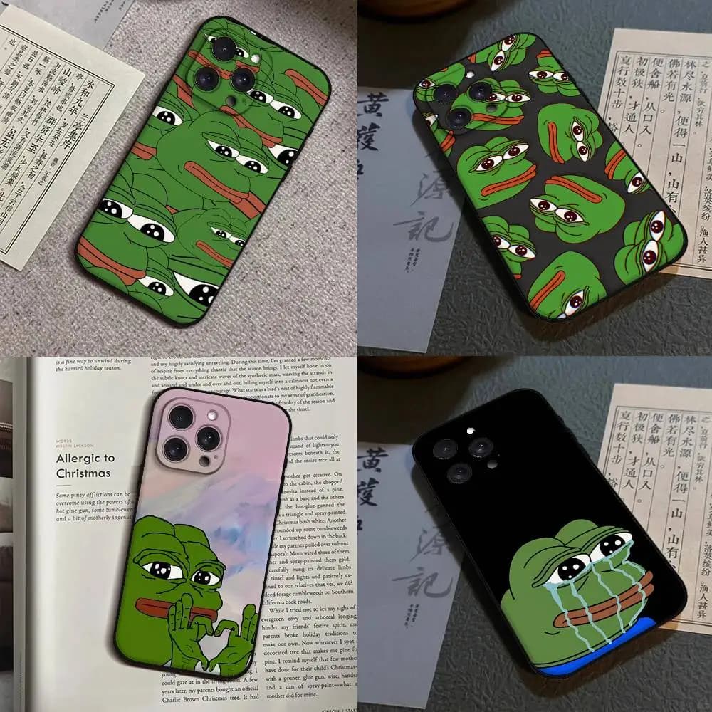 Cover Morbida Nera con Simpatici Rane e Pepe Triste per iPhone 17 16 15 14 13 12 11 X XR XS Plus Pro Max Mini