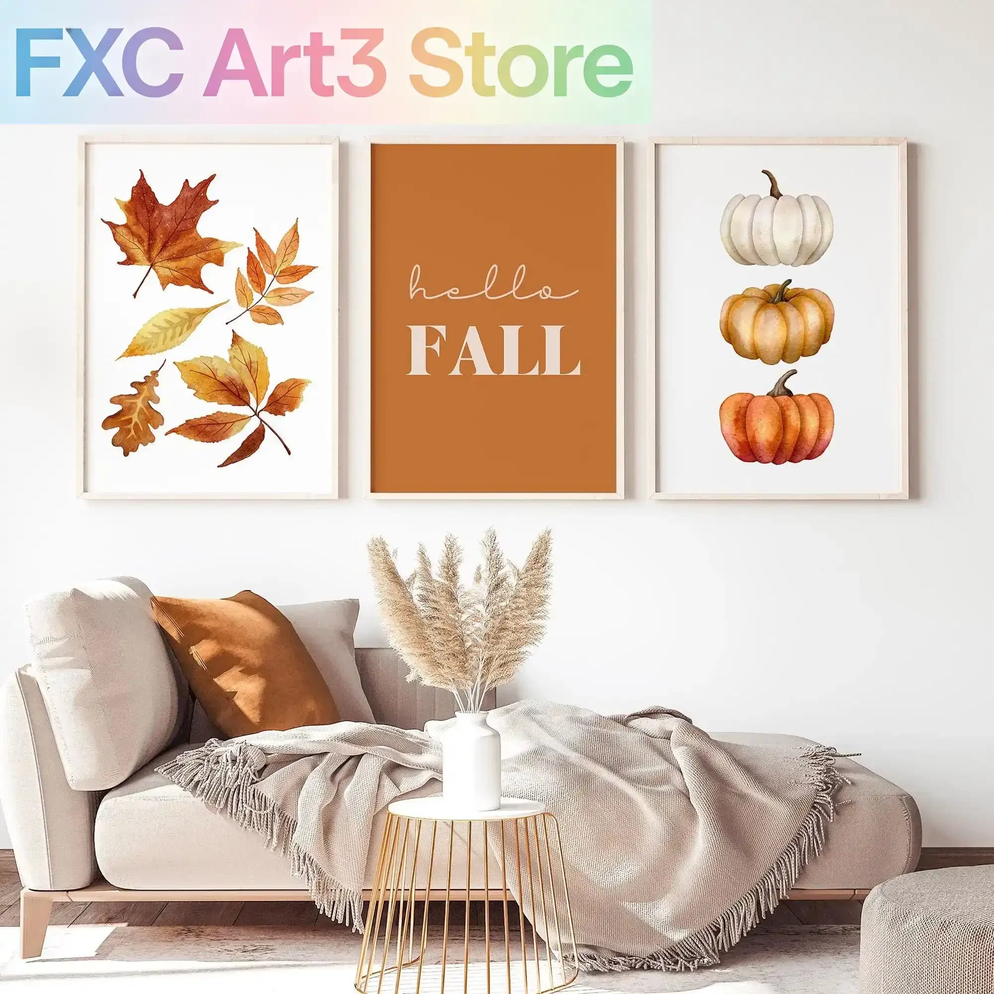 Frameless,3pc Orange Hello Fall Printable Wall Art, Fall Leaves Print, Watercolor Pumpkin Autumn Print, Fall Quote Poster, Farmh