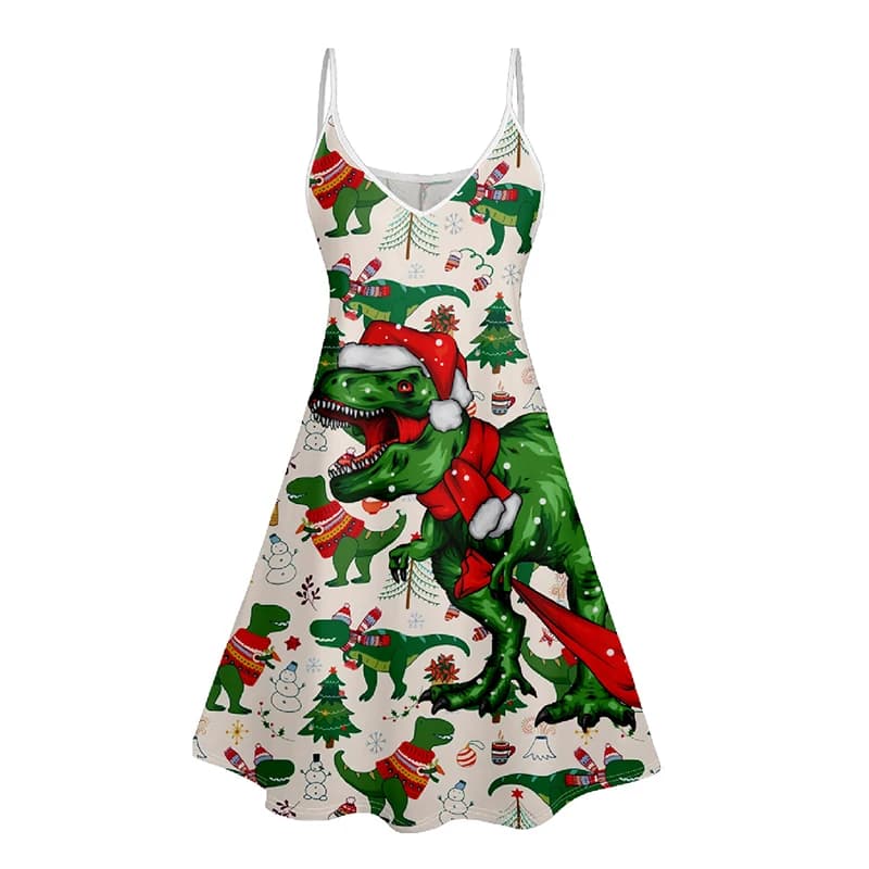 Dressfo Women's Christmas Tree Snow Dinosaur Scarf Print V Neck High Waist Dress Sleeveless Summer A Line Cami Dress