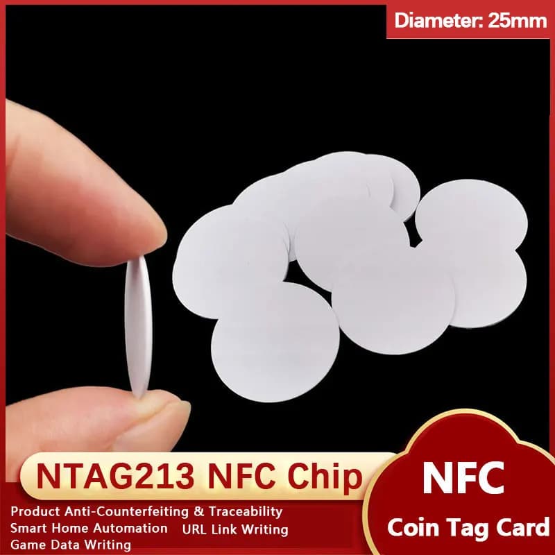 NFC215 White Rewritable NTAG215 NFC Round Coin Cards 25mm, 13.56MHz 504 Bytes Smart Labels for NFC Phones & Games