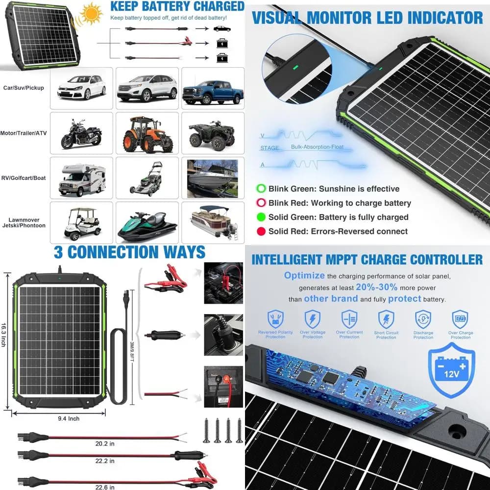 Kit Pannello Solare Impermeabile da 25W 12V con Mantenitore di Carica Intelligente MPPT, per Auto, Barca, Camper, Nautica e altro