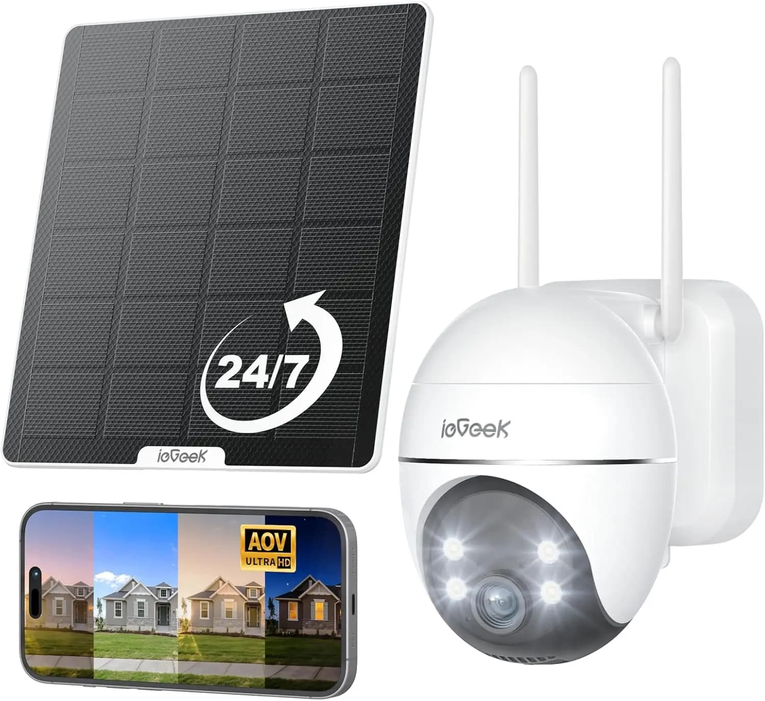 Telecamera di sicurezza solare wireless per esterni, visione notturna a colori 2K, 360° ° Visualizzazione, Tracciamento Automatico, Nessun Abbonamento