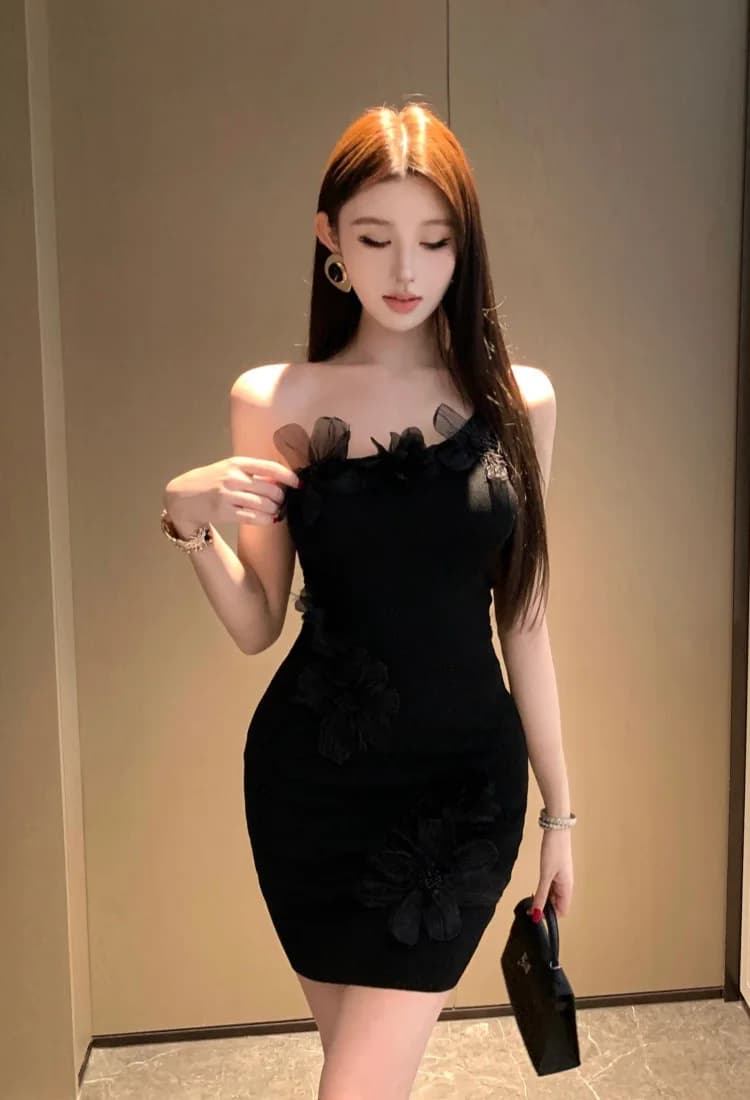 Black Sexy Short Evening Dress Women's Party Birthday Gown High Waist Polyester Fiber Sleeveless Bodycon One Shoulder Dress