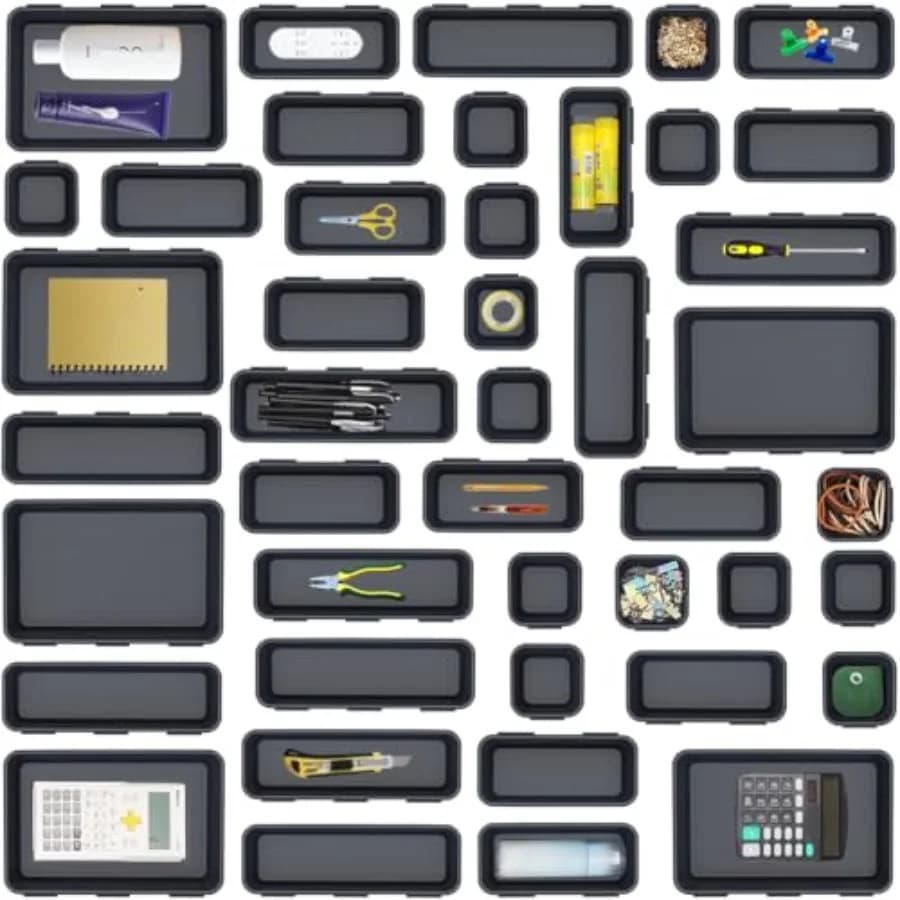 Set di 44 Organizzatori per Cassetti a Incastro, 4 Misure, in Plastica Versatile, Divisori per Cassetti da Bagno e Scrivania, Vassoi Organizzatori Multi-misura