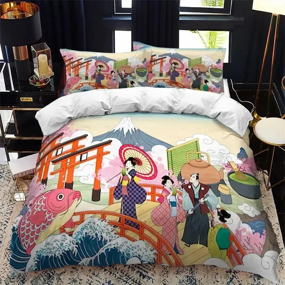 Set copripiumino in stile giapponese King Queen Full Size Ukiyo-e Theme Wave Pattern Set biancheria da letto in poliestere Fuji Mountain Stile esotico