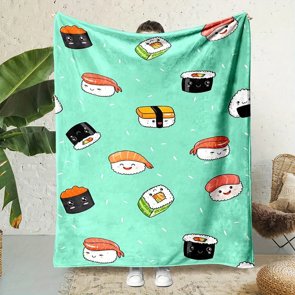 Accogliente coperta in flanella con stampa di sushi dei cartoni animati | Perfetto per il divano, il letto, il pisolino e i viaggi in ufficio | Idea regalo indossabile unica