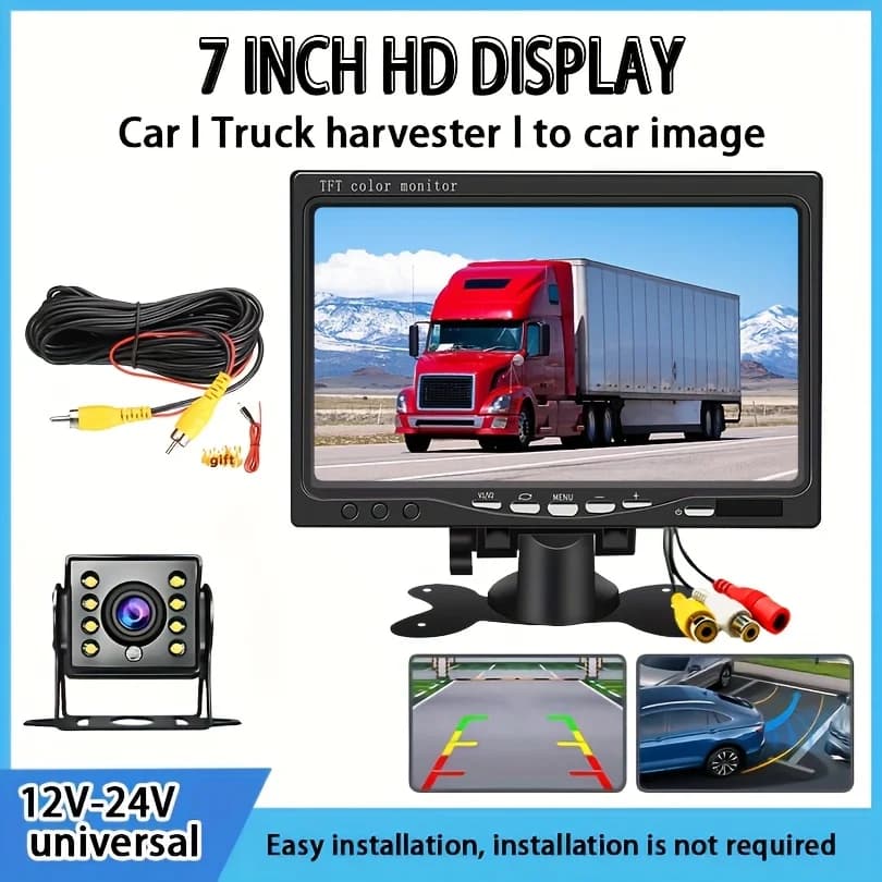 Monitor a colori HD TFT da 17,78 cm con telecamera posteriore da 8 LED Cavo video RCA da 10,0 metri - CCD resistente, Easy Plug & Play