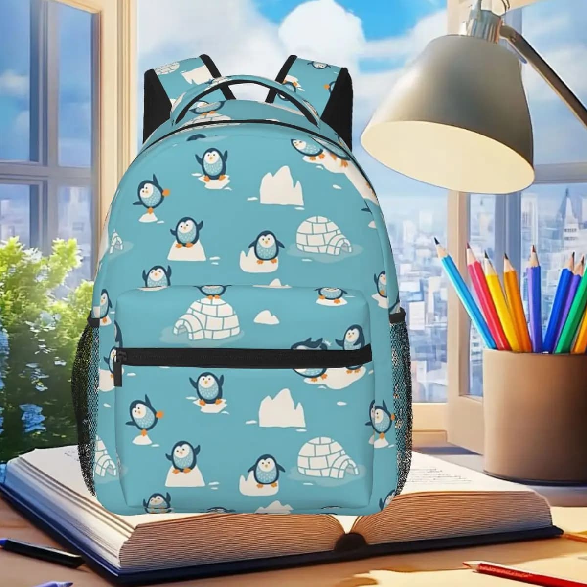 Zaino con motivo simpatico pinguino e ghiaccio, borsa per libri per studenti, ragazzi e ragazze, borsa da scuola per bambini, borse a tracolla per computer per uomini e donne
