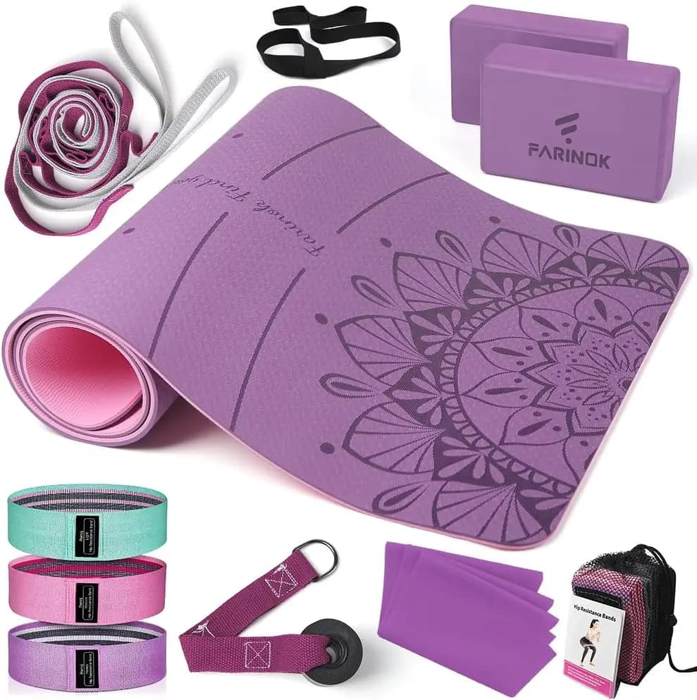 Set of thick yoga mats for beginners with blocks, resistance bands, belt, door anchor and bag