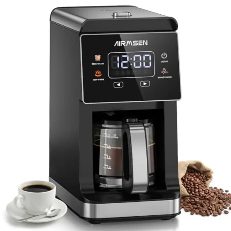Grind Brew Coffee Maker For Home Office, Stainless Steel, Black, Built-In Grinder With 3 Settings And 24H Timer