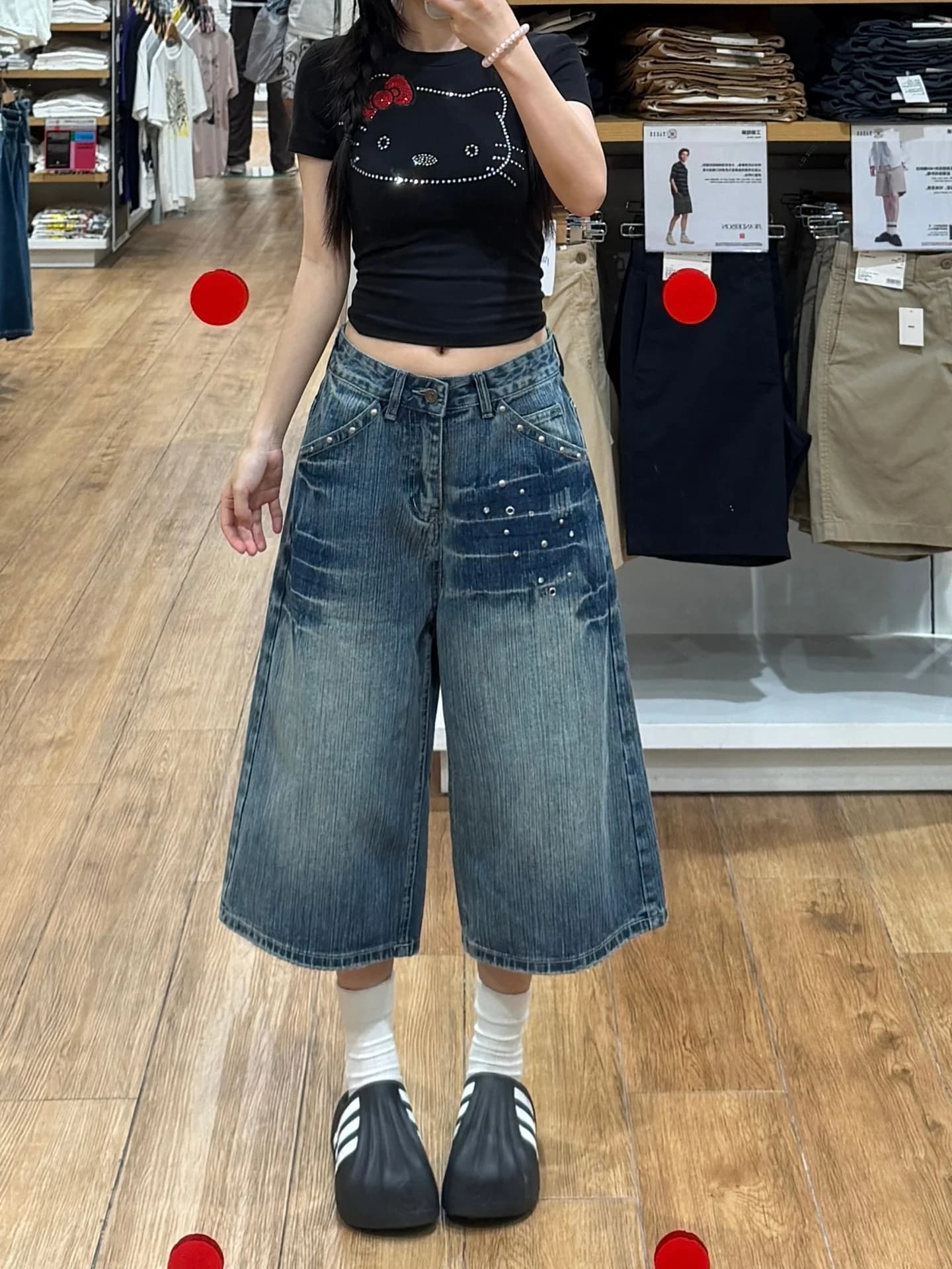 American Retro plus Size Women's High Waist Wide Leg Jeans Casual Wear Summer Denim Shorts Conceal Flattering Versatile Five-...