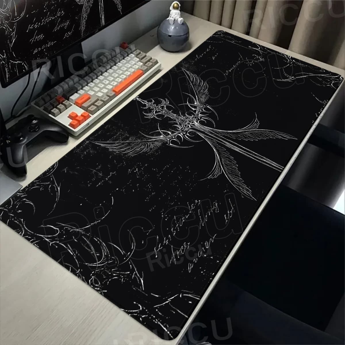 Cool Sword Art desk mat, XXL large rubber mouse mat, black mouse mat with gothic symbol, computer accessories, game keyboard mat
