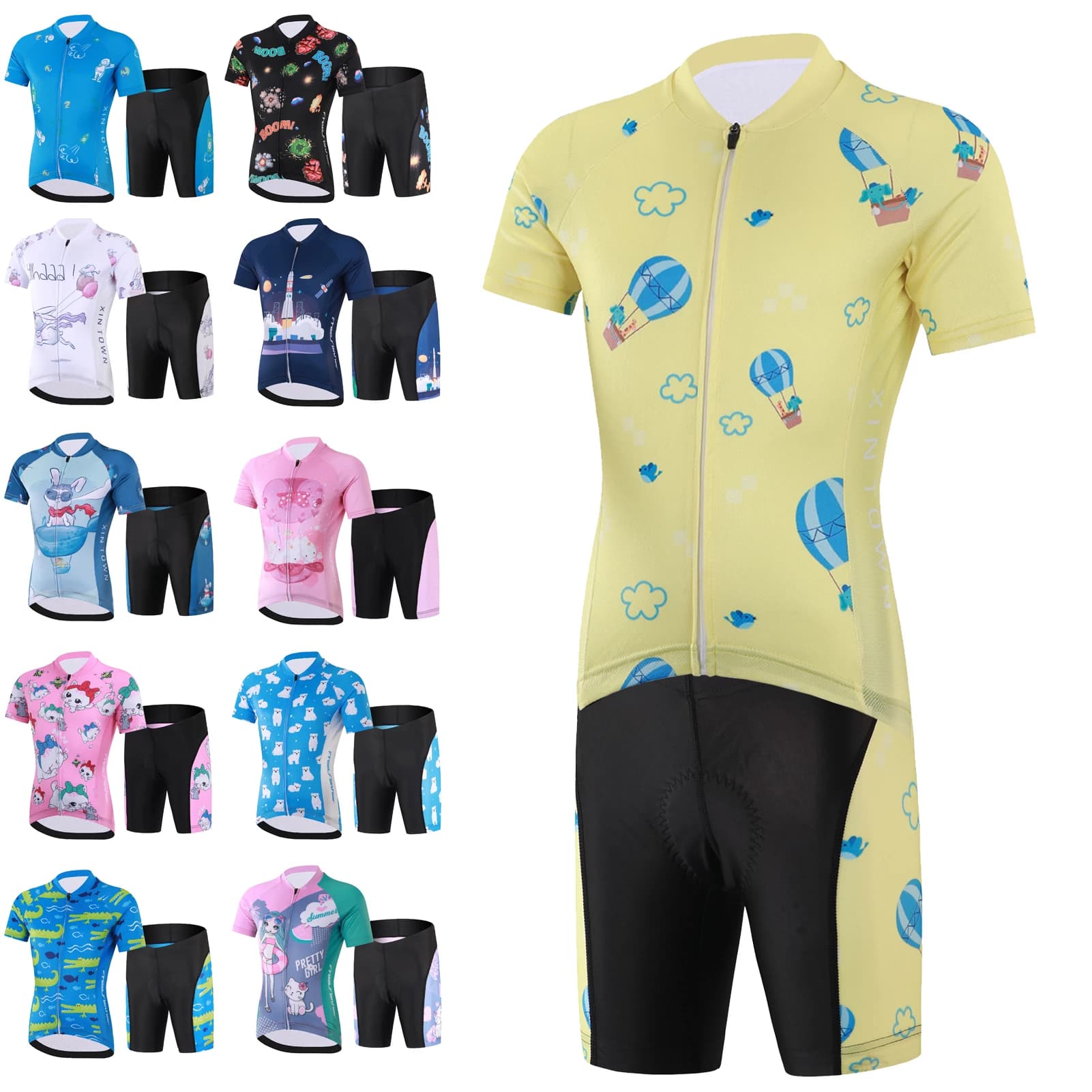 Kids Cycling Knit Set, Short Sleeved Top with 3D Padded Shorts, Bike Clothing for Girls and Boys MTB Fast Drying Cartoon