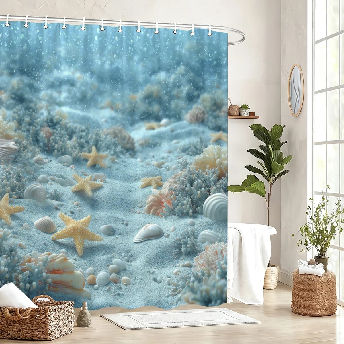 Tenda da Doccia in Poliestere a Tema Subacqueo - Tenda da Bagno con Stampa di Conchiglie e Stelle Marine, Elegante Decorazione per il Bagno