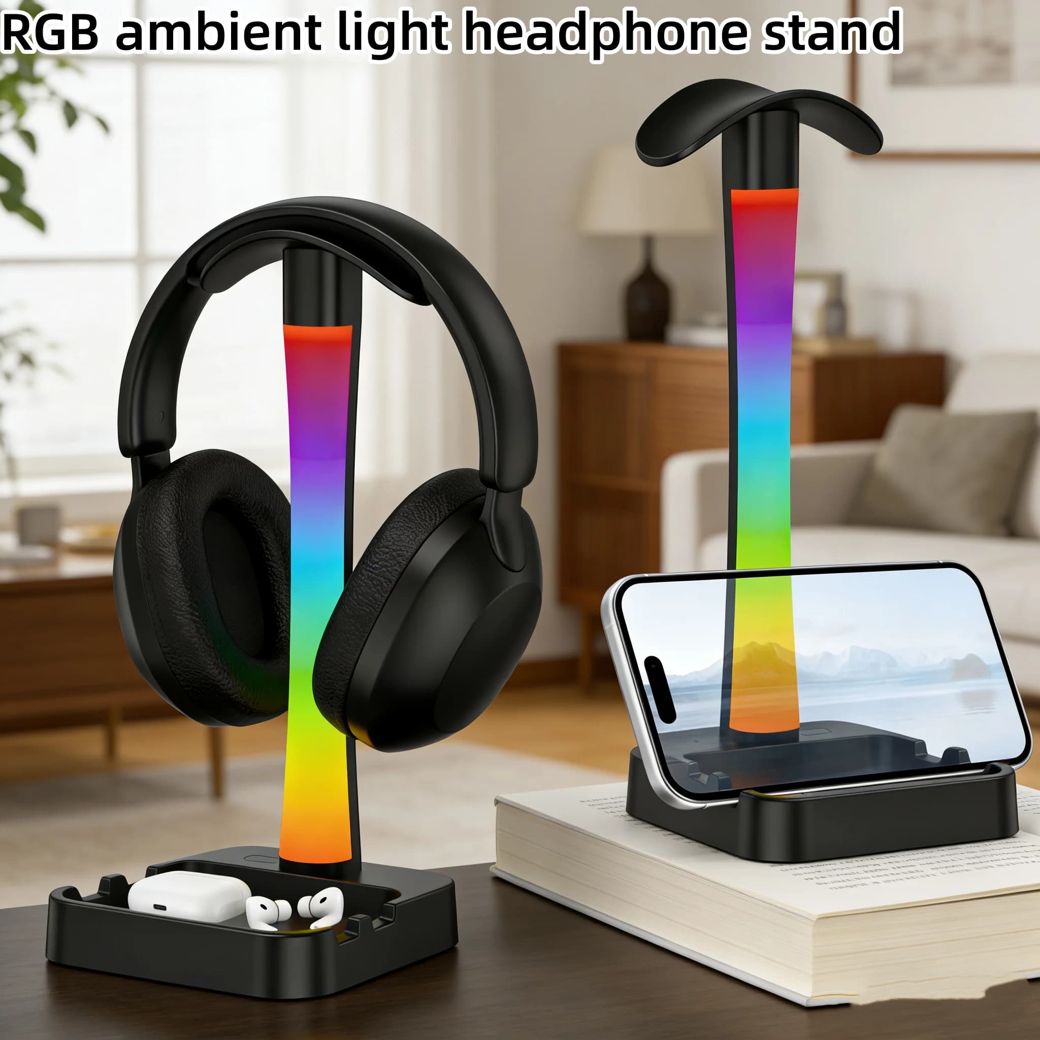 Multifunctional Gaming Headset Desktop Display Shelf RGB Headphones Stand USB 2Type-C Charging Port for Phone Headset Earbuds
