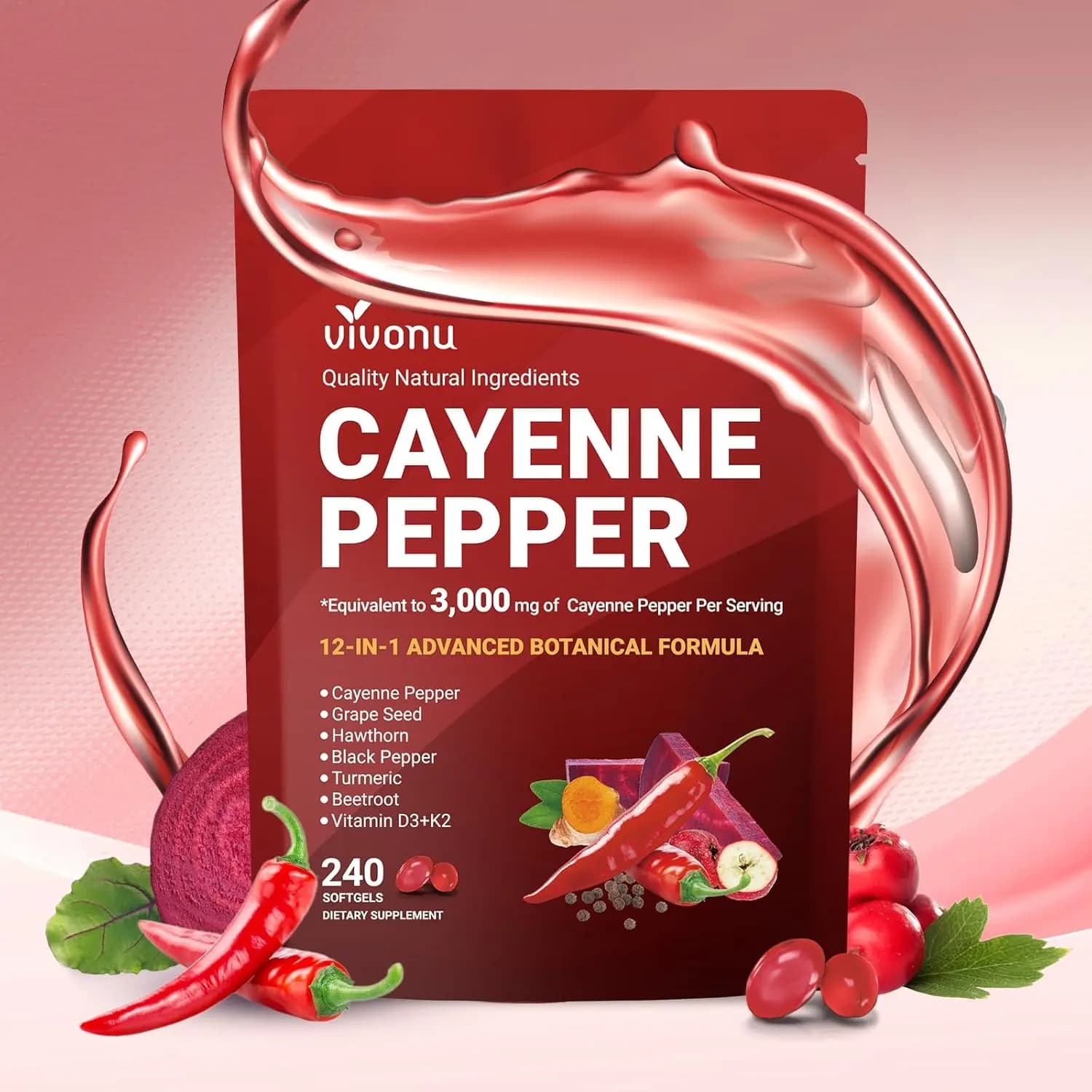 VivoNu Cayenne Pepper Softgels Supplement, Supports Leg Vein, Heart and Blood Vessel Health, with Vitamin E D3+K2 and Extracts of Grape Seed, Hawthorn, Beetroot, Berberine (1 Bag)