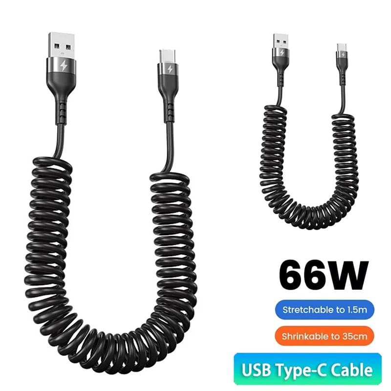 Cavo dati telescopico a molla USB tipo C 5A 66W Cavo di ricarica dati USB per auto a ricarica rapida Accessori per iPhone Xiaomi Samsung