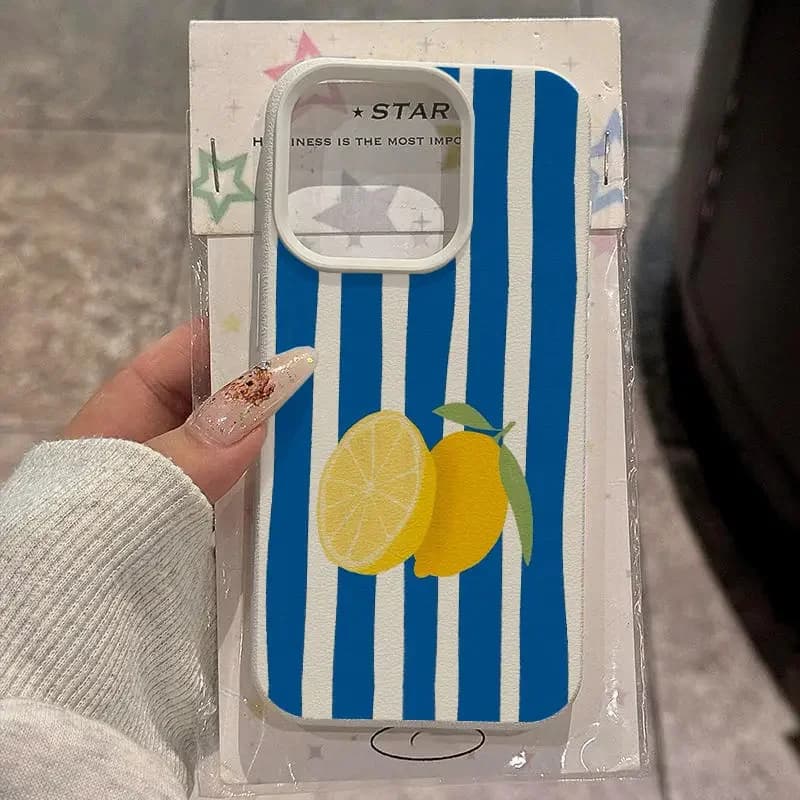 Yellow Lemon Blue Stripe Pattern Soft Phone Case For iPhone 16 15 14 13 Pro Max Plus 11 12 X XR XS Max 16e Shockproof TPU Cover