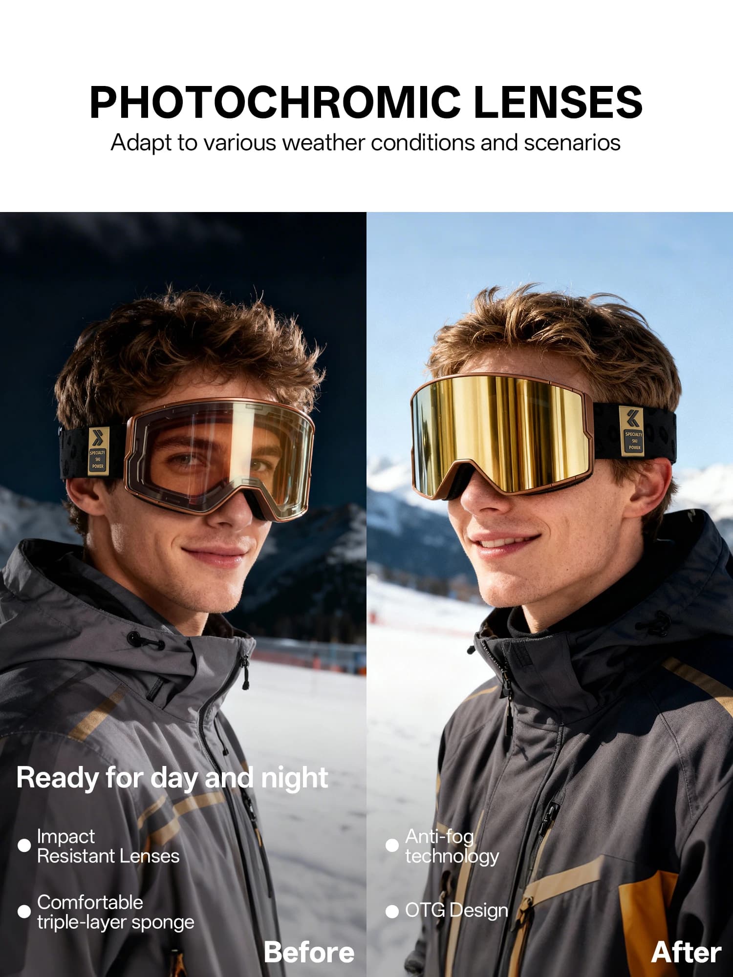 Kapvoe Nuovo Inverno Occhiali Da Neve Fotocromatici Uomini Occhiali Da Sci Snowboard Maschera Anti-Fog Donne Occhiali di Protezione UV400 Motoslitta