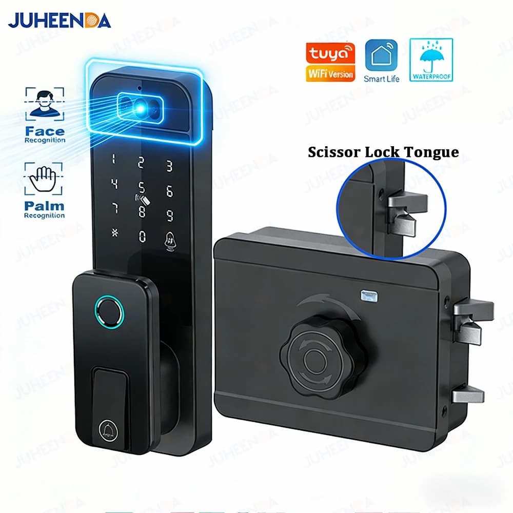 Tuya WiFi Smart Door Lock Face Recognition Palm Fingerprint Password IC Card Lock Waterproof Scissor Tongue Electronic Gate Lock