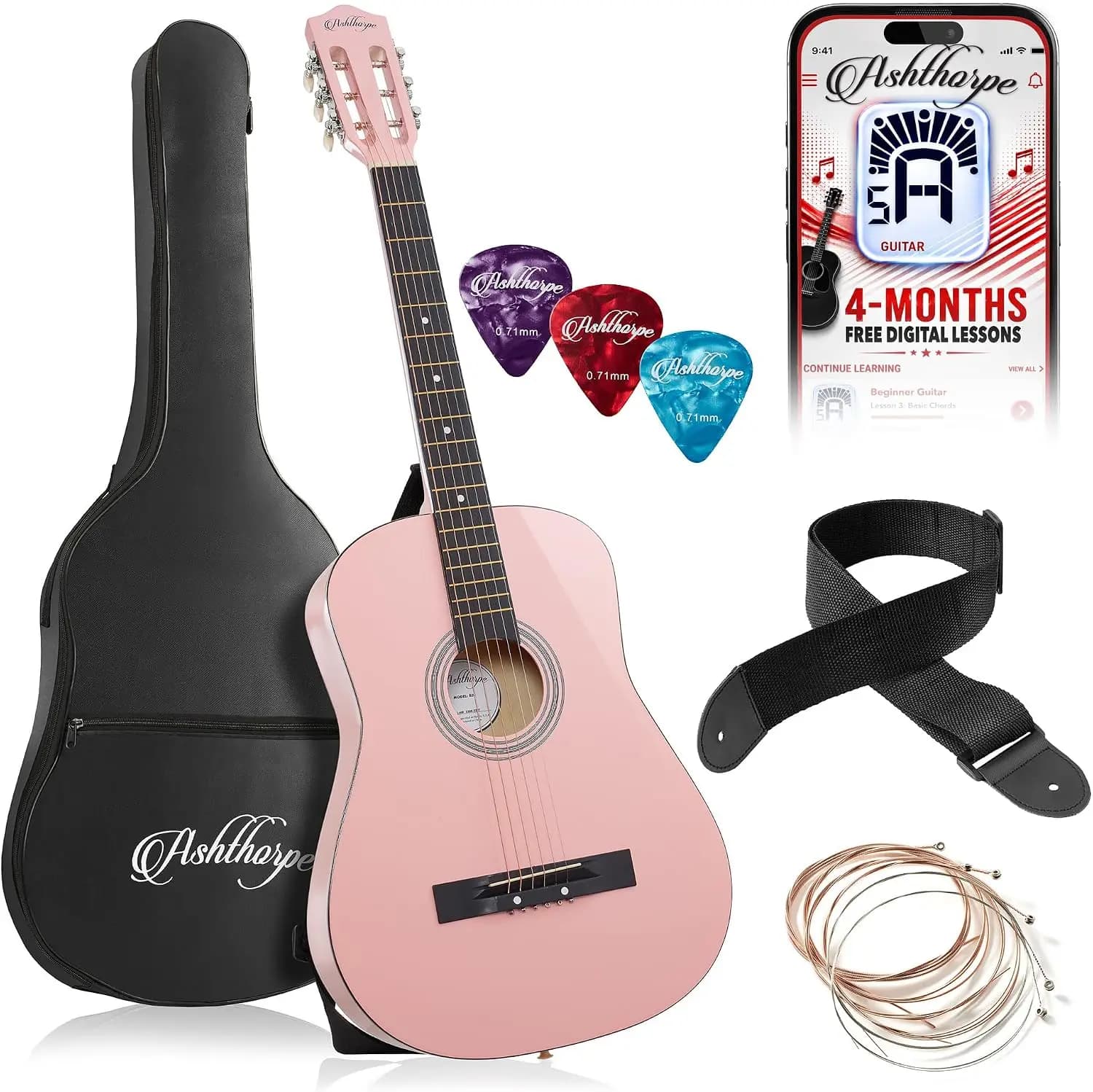 38-inch Beginner Acoustic Guitar (Pink), Starter Kit with Gig Bag, Extra Strings, Strap, Picks, and Lessons