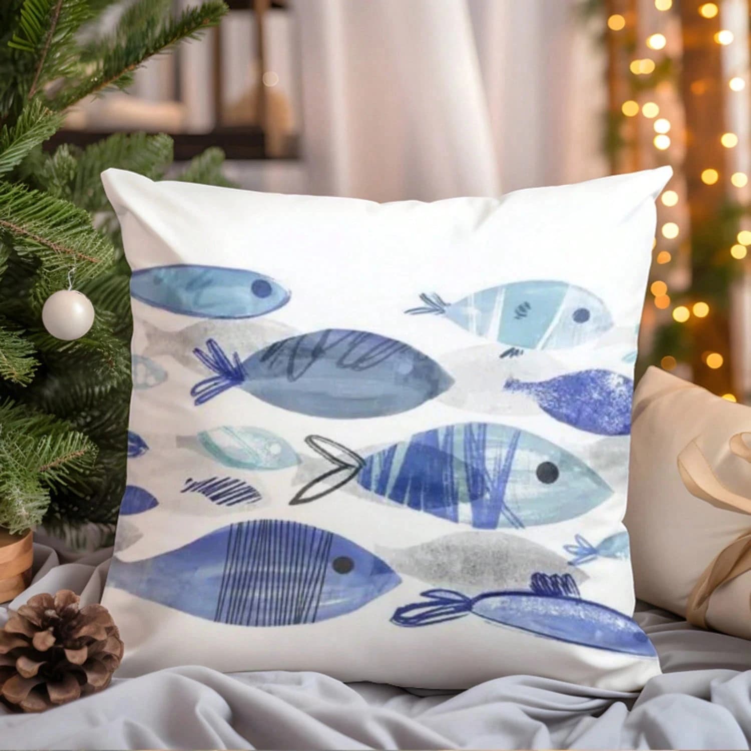 Fodera per cuscino con motivo decorativo a forma di pesciolino blu, federa per divano letto e soggiorno, decorazione per la casa