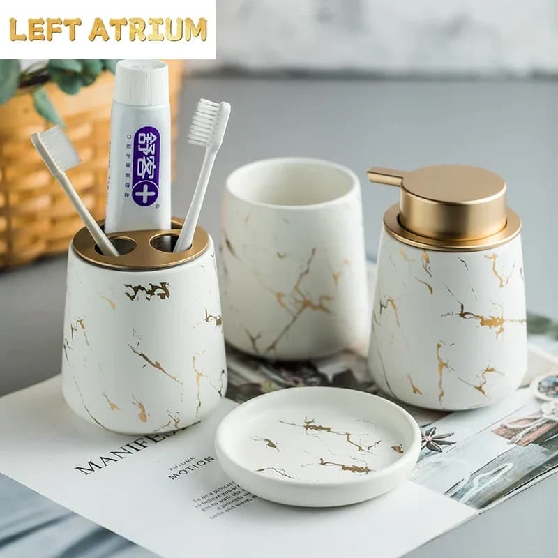 Set di Accessori per Bagno con Motivo Marmorizzato, Kit Decorativo in Ceramica, Portaspazzolino, Bicchiere per Igiene Orale
