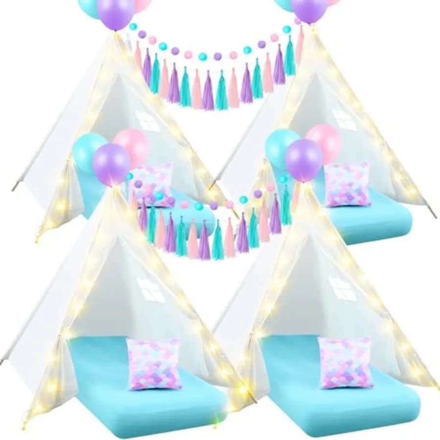 Set di 4 Tende Teepee a Tema Sirena per Giochi al Chiuso con Materasso Gonfiabile, Luci a Corda, Lenzuolo con Angoli, Cuscino a Tema Sirena, Lavabile, per Bambini