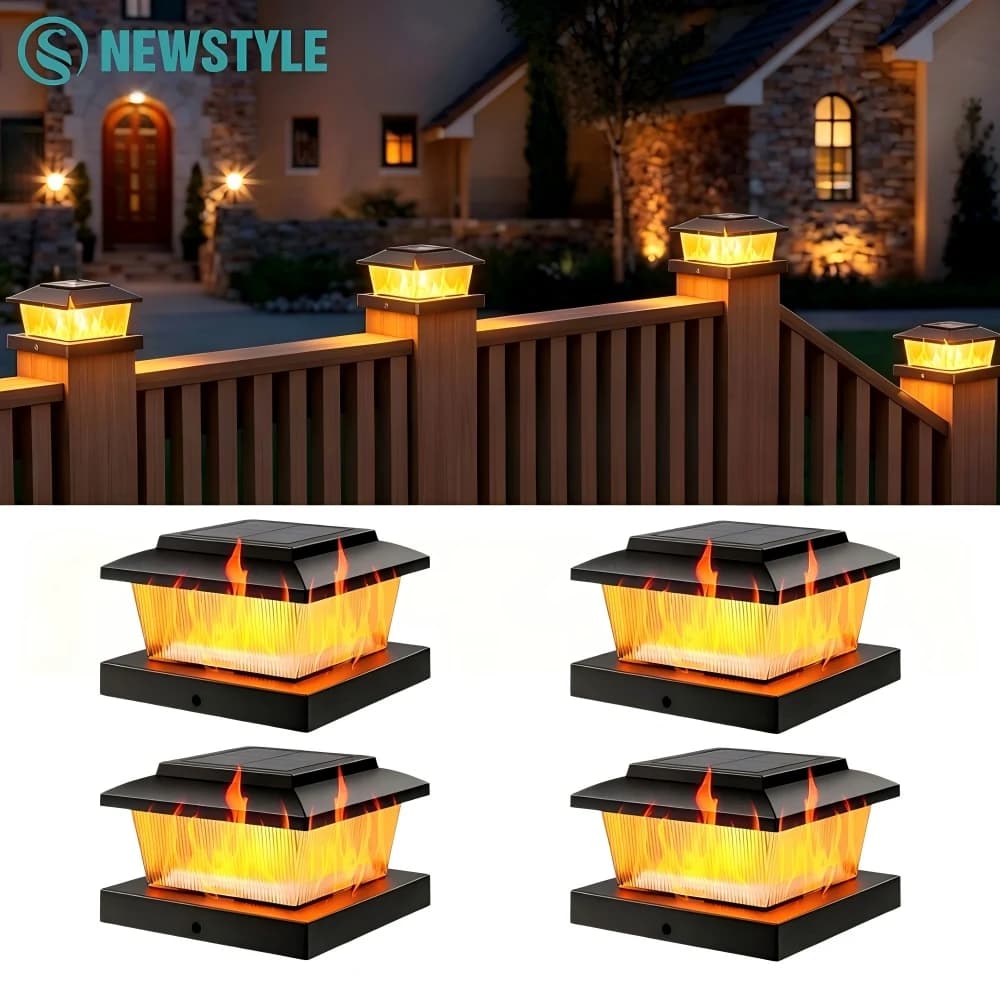 Solar Post Cap Lights Outdoor IP64 Waterproof Flickering Flame Fence Deck Light for Vinyl/Wooden Posts Porch Patio Garden Yard