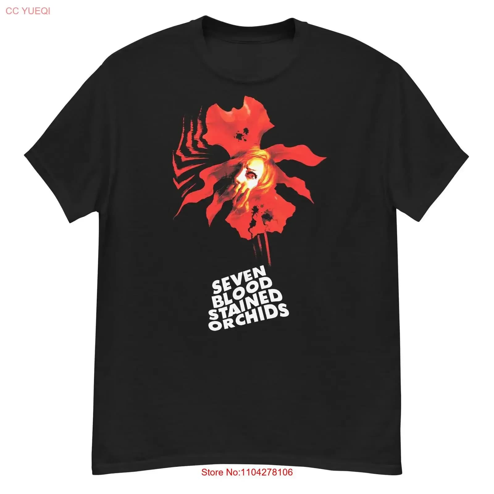 Seven Blood Stained Orchids cult giallo film fan art t-shirt vintage lavata, grafica elegante, uomo, leggermente elasticizzata, versatile