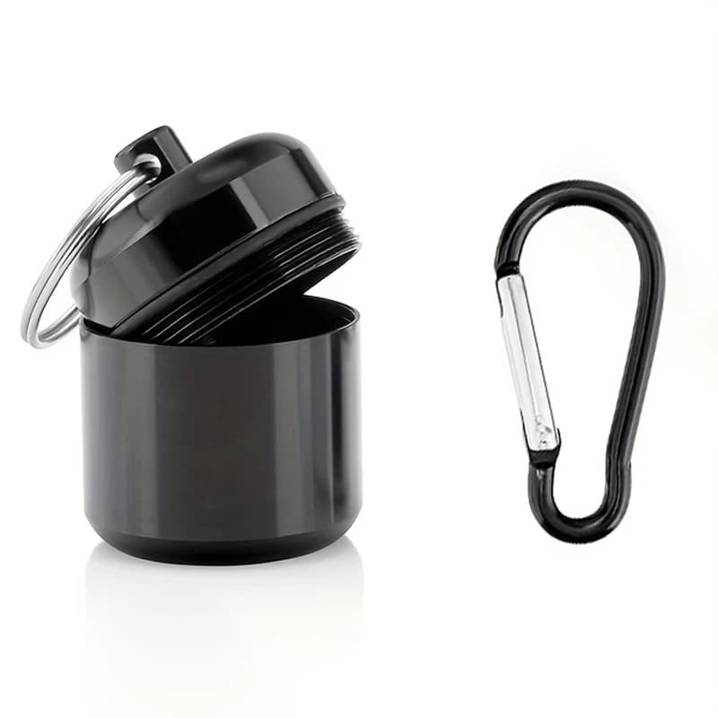 Portable metal pill box with carabiner, airtight and moisture-proof storage box, mini pill bottle, portable pill box for travel