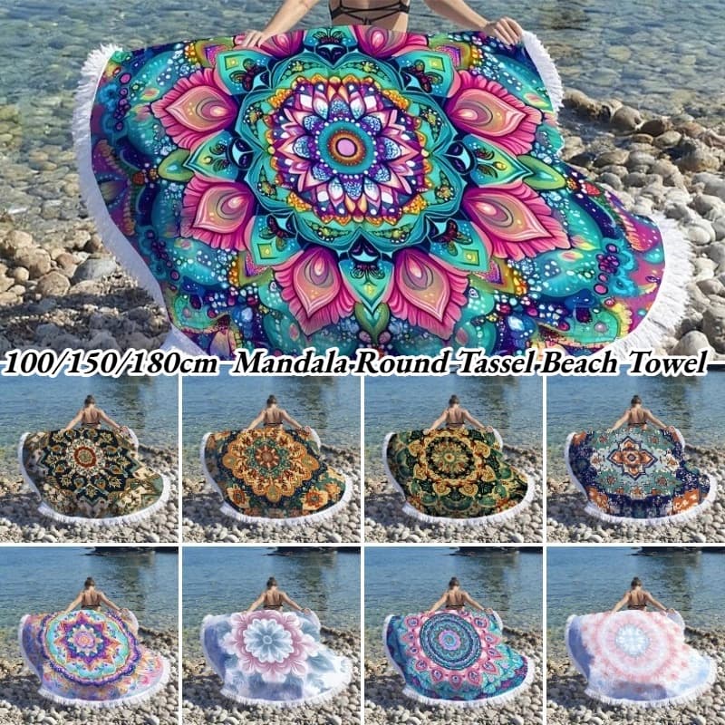 150cm Boho Geometric Mandala Round Tassel Beach Towel Microfiber Quick Dry Absorbent Sand Proof Mat Yoga Camping Picnic Blanket