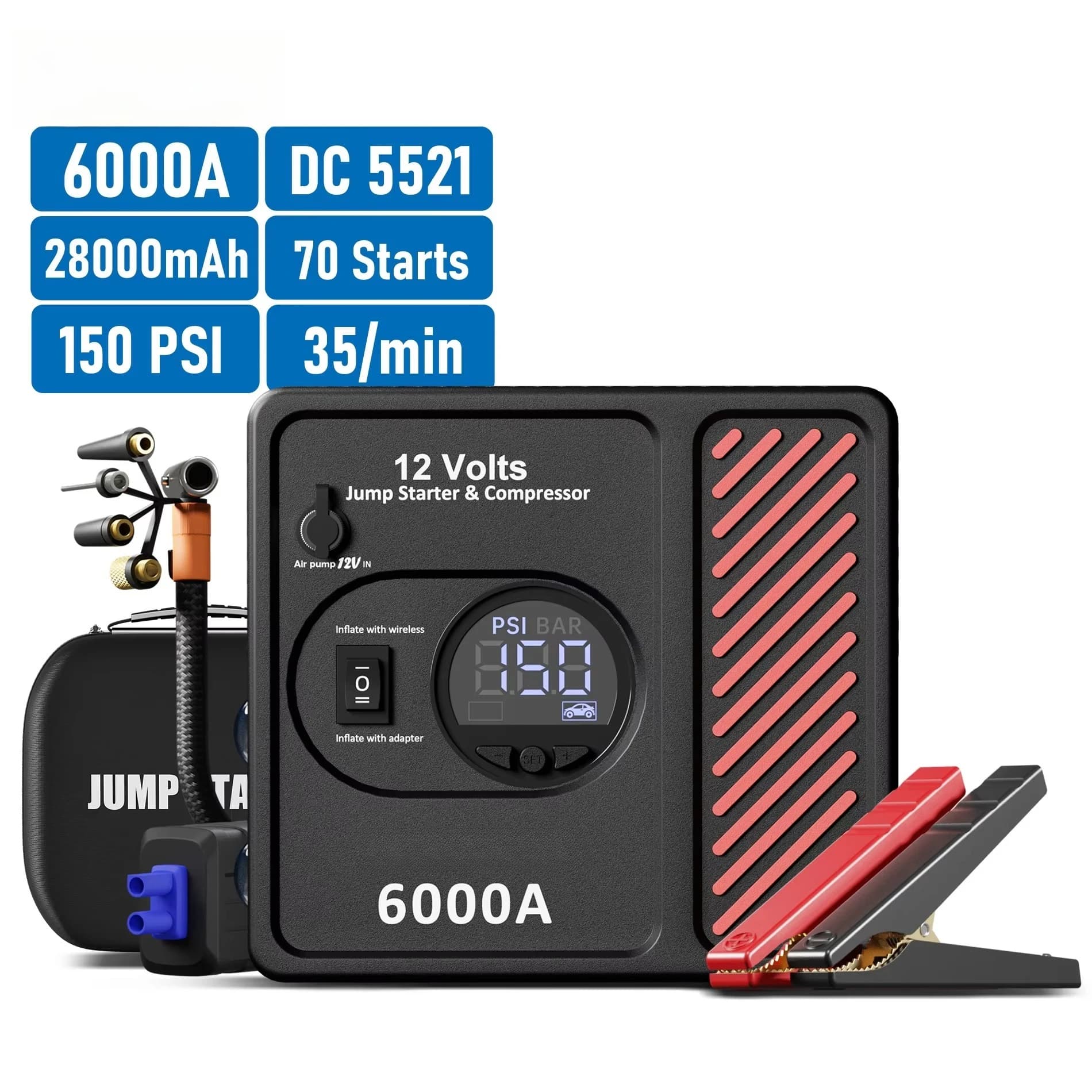 Avviatore di emergenza per auto 24000mAh 150PSI con compressore d'aria, pompa di gonfiaggio per pneumatici portatile Power Bank 2 in 1 per motori diesel Ga soline