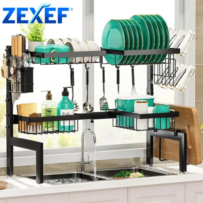 Kitchen shelf over the sink, extendable bowls for bowls, knives and spoons, kitchen utensils and accessories
