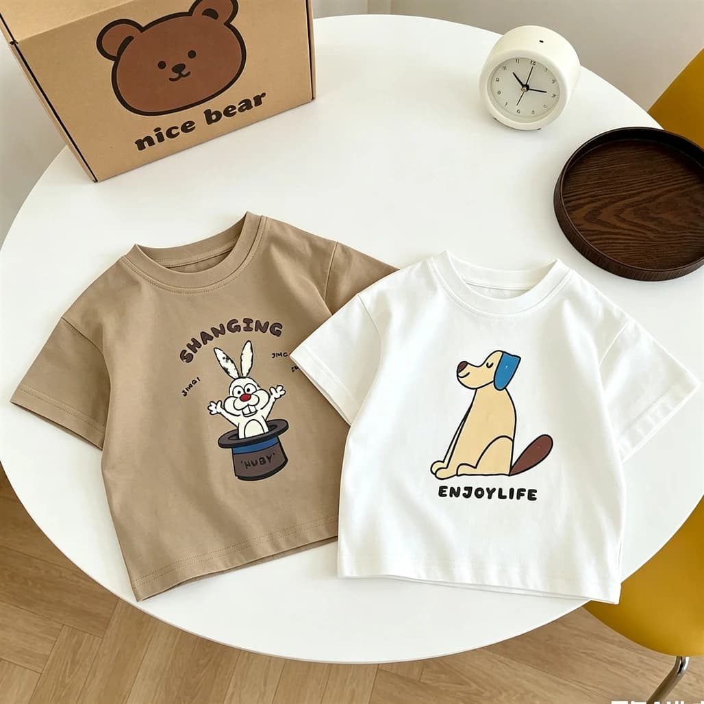 Top a maniche corte per bambini, abbigliamento casual ampio, da 1 a 7 anni, camicia base semplice e versatile, maglietta stampata carina, abbigliamento per bambini
