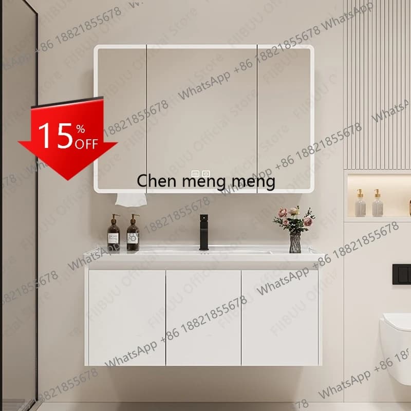 Mobile Bagno 01A con Lavabo Integrato in Ceramica, Specchio Smart, Armadietto a Parete in Alluminio e Rubinetto Integrato