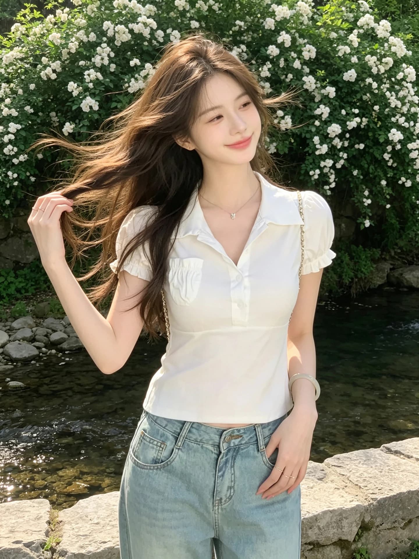 Sweet Short Sleeve Shirt Women's Slim Fit Design Anti-Aging White Bubble Sleeve T-Shirt Top Casual Style Pure Color