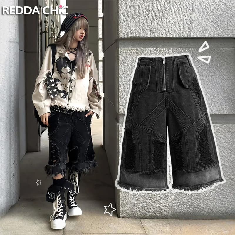 REDDACHiC Bermuda in denim strappato da donna, stile boyfriend, estivo, a vita bassa, con orlo grezzo, baggy, in denim, Hip Hop Grunge Streetwear