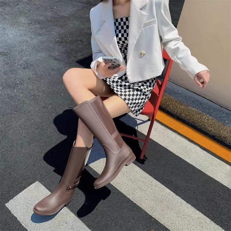 Fashionable High-Tube Women's Rain Boots Korean Style Adult Waterproof Slip-Resistant Shoes Long Tube Water Boots EVA Material