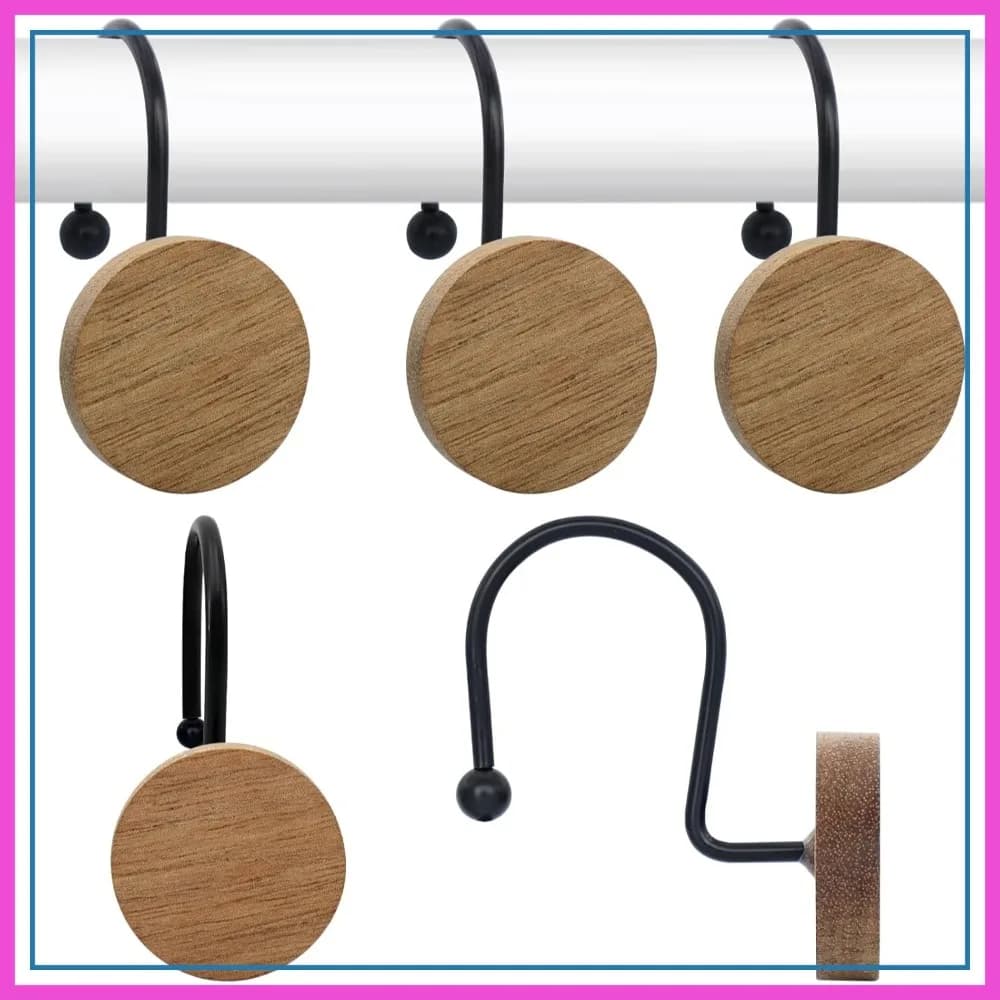 12 Pezzi Anelli Decorativi in Legno per Tende da Doccia, Ganci Rotondi Moderni per Bagno, Ganci in Metallo Nero