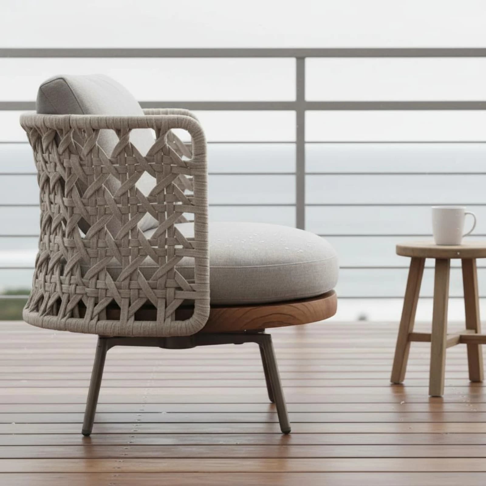 Set di 3 Poltrone in Teak Design Nordico con Cuscini Morbidi per Hotel e Balconi