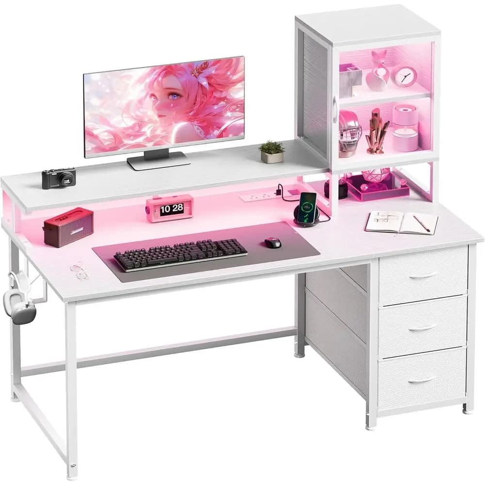 Scrivania da Gaming con 47 LED RGB e Armadietto Portaoggetti, Scrivania Compatta per Ufficio Domestico, Prese di Corrente e Supporto Monitor, Adatta per Piccoli Spazi