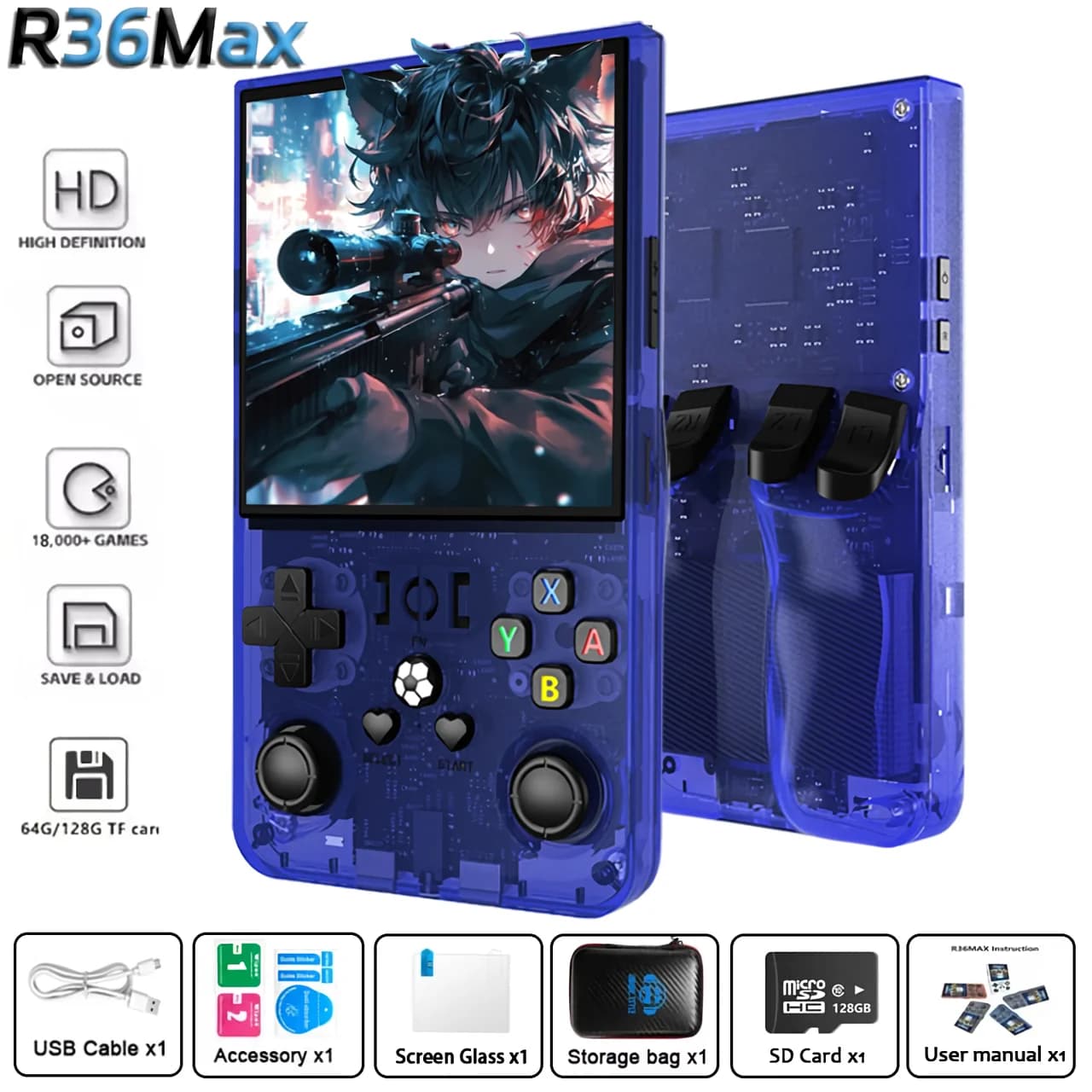 AISLPC R36Max Console di gioco portatile Schermo IPS da 4 pollici 18000 giochi Sistema Linux Lettore video tascabile portatile Console di gioco retrò Regalo