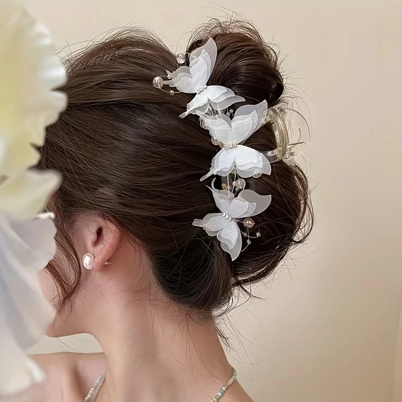 1 elegante fermaglio per capelli a forma di farfalla, farfalla in tessuto nero con design a perla - Stile dolce per il rientro a scuola, matrimoni, feste in spiaggia
